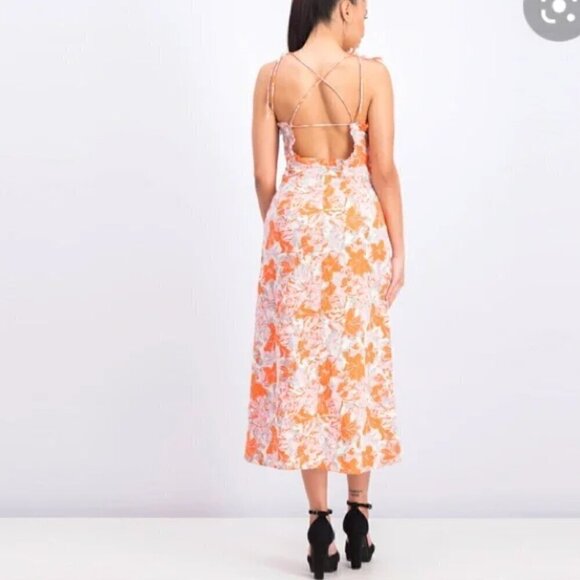 Free People Dress 8 NWOT Beach Party Shoulder Midi Linen Orange Floral Summer - Picture 8 of 12
